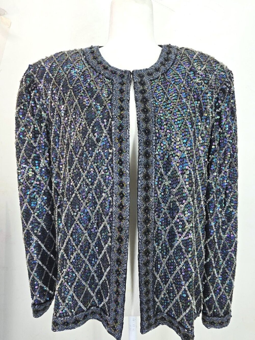 VTG USA Black Navy Blue Multicolor Sequin Beaded Silk Jacket Glam Art Deco 12